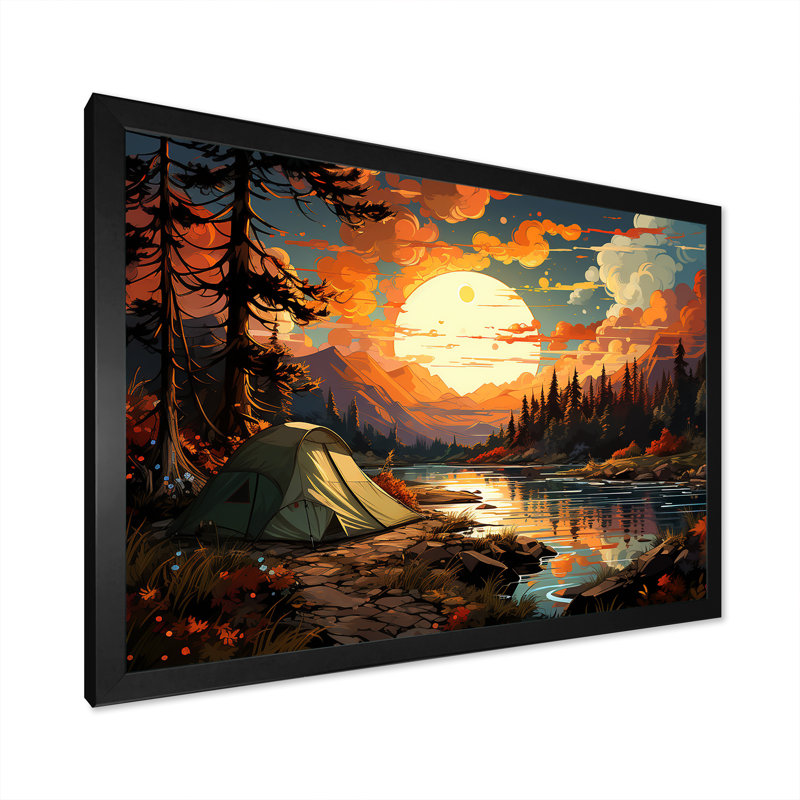 «Camping By The River Scenery I», reproduction sur toile, Cadre simple noir, H 16 po x l 32 po x P 1 po