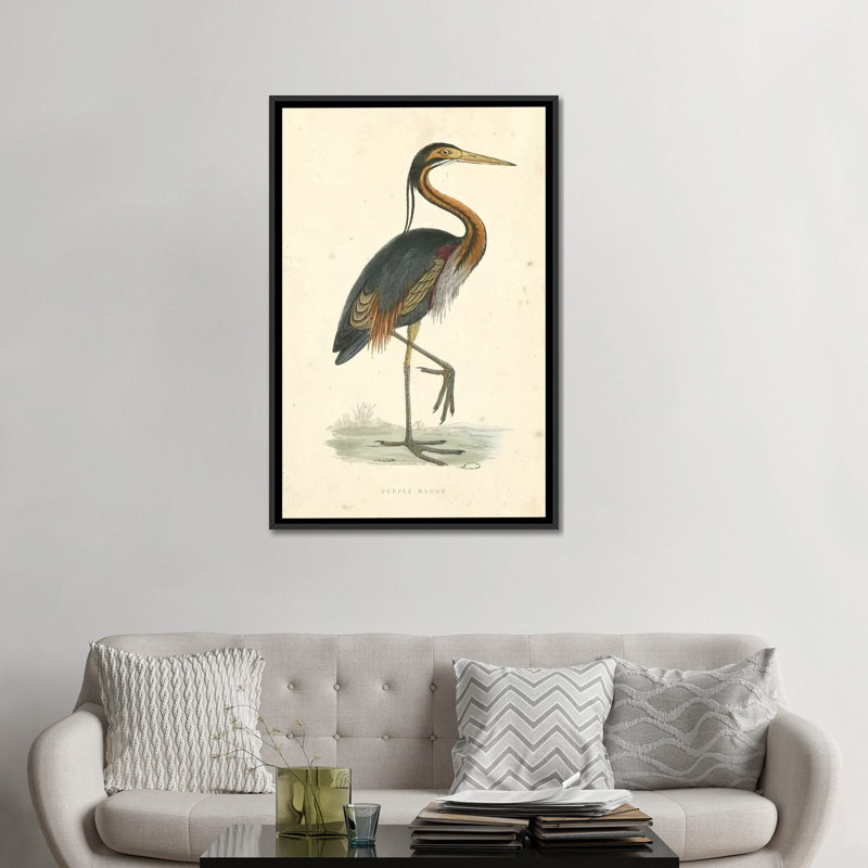 « rétro héron », impression sur toile, H 26 po x l 18 po x P 1,5 po, Toile avec cadre noir, Pas de tapis