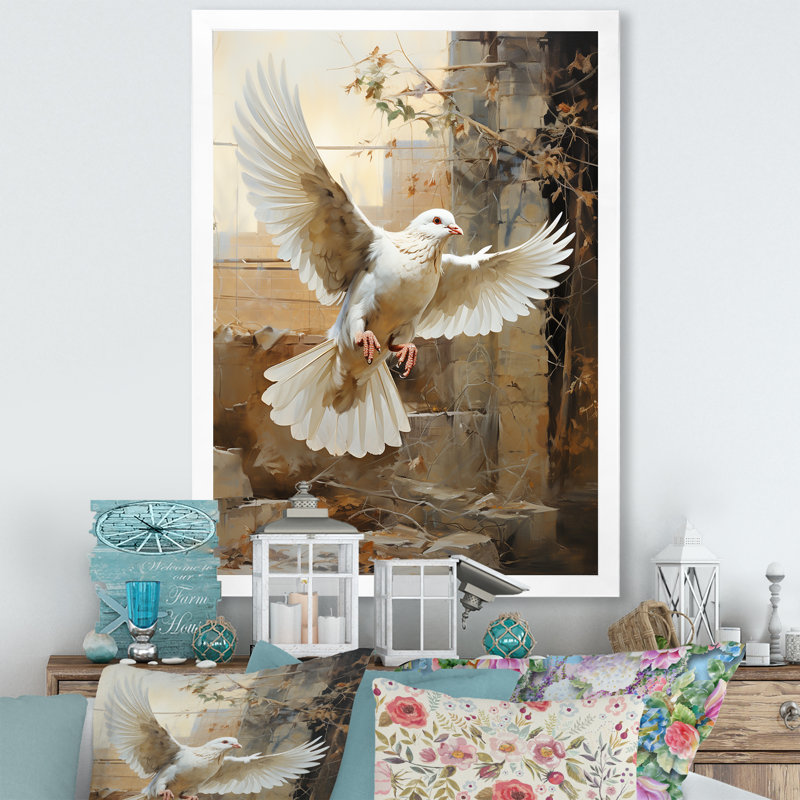 Colombe de sérénité I sur toile, Cadre simple blanc, H 32 po x l 24 po x P 1 po