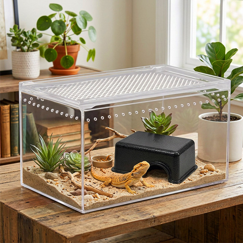 Terrarium acrylique transparent pour reptiles, avec couvercle coulissant, idéal pour gecko léopard, mygale et grenouille.