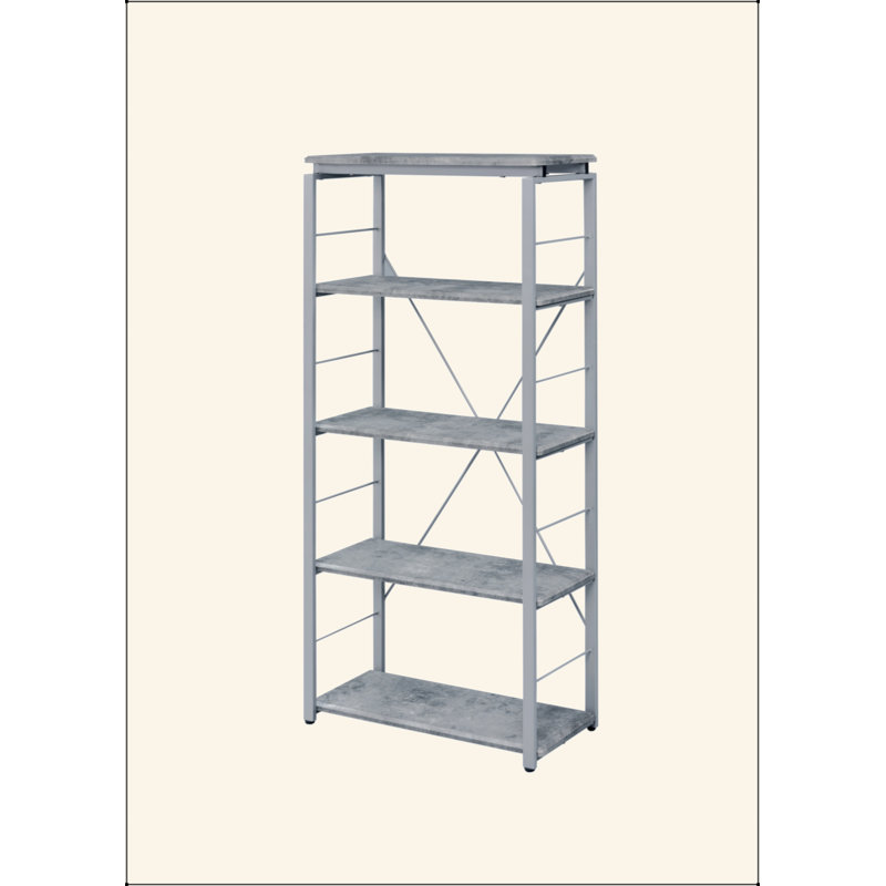 Bibliothèque industrielle de style étagère rectangulaire, 5 tablettes fixes en faux béton, 4 compartiments ouverts, structure en acier thermolaqué