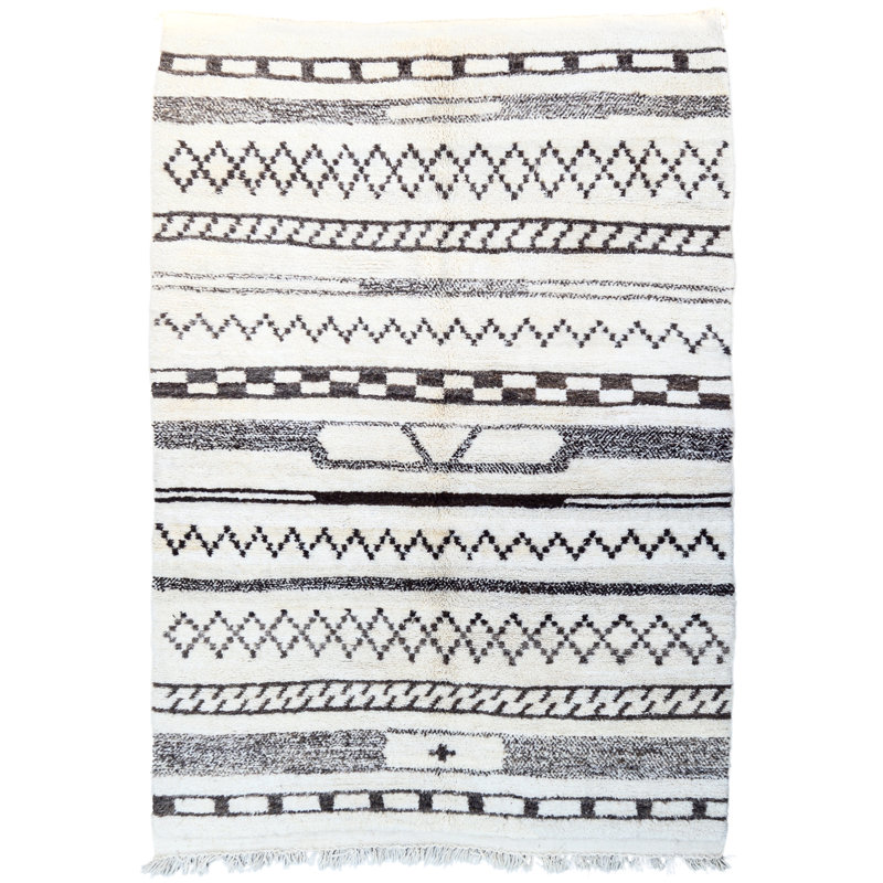 Tapis unique noir, brun et blanc de 5 pi 3 po x 7 pi 9 po des années 1980