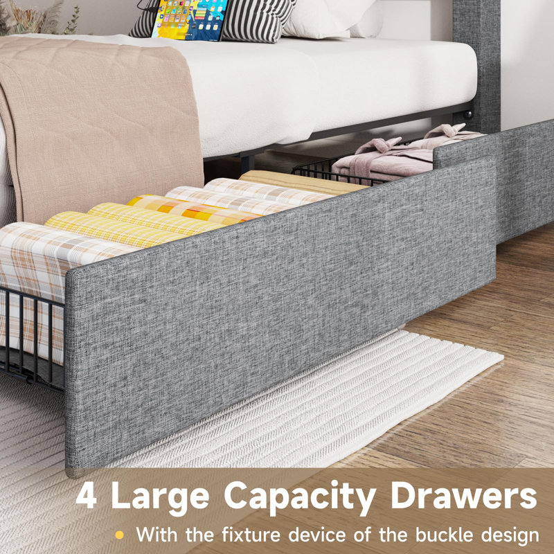 Bed Frame With Storage Headboard And 4 Drawers, Gray, Twin