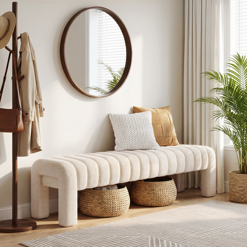 Oyan Modern Channel Tufted Backless Upholstered Bench, Beige Linen, 17" H x 63" W x 17.3" D