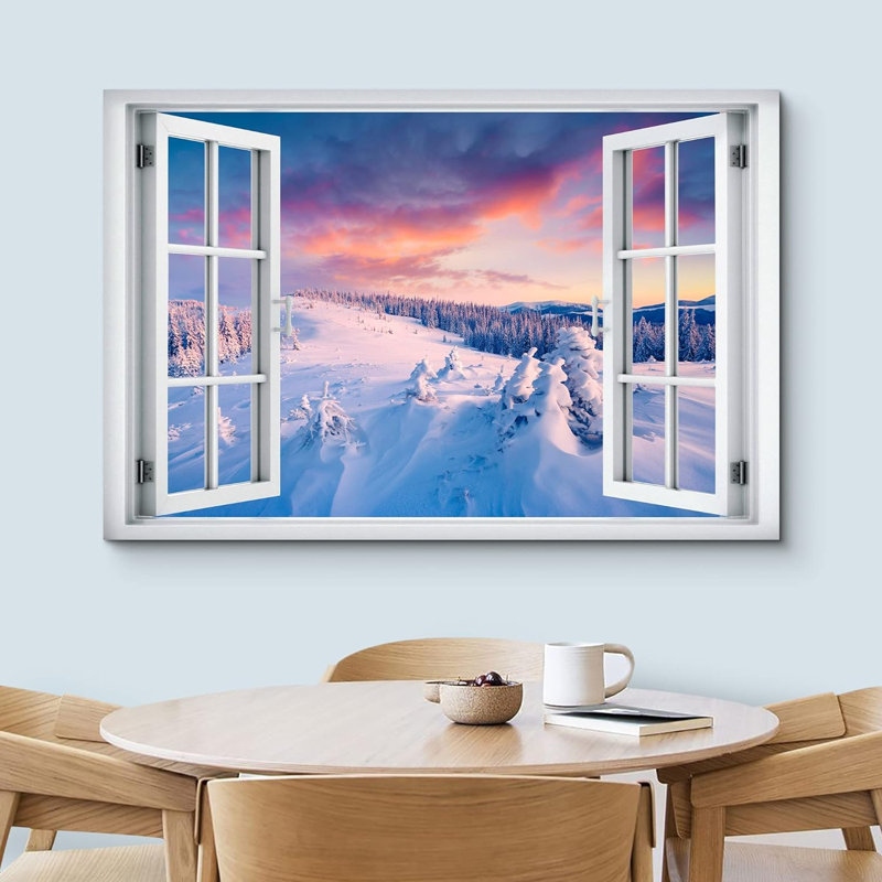 Fenêtre de paysage «Window View Sunset Aérien Snow Mountain Range Sunset Nature Scenic Landscape» sur toile