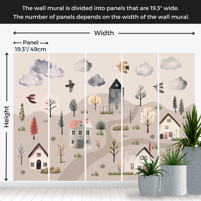 Adhésif mural pelez et collez pour enfants - Vallée scandinave aux couleurs pastel, L 68 po x l 96 po