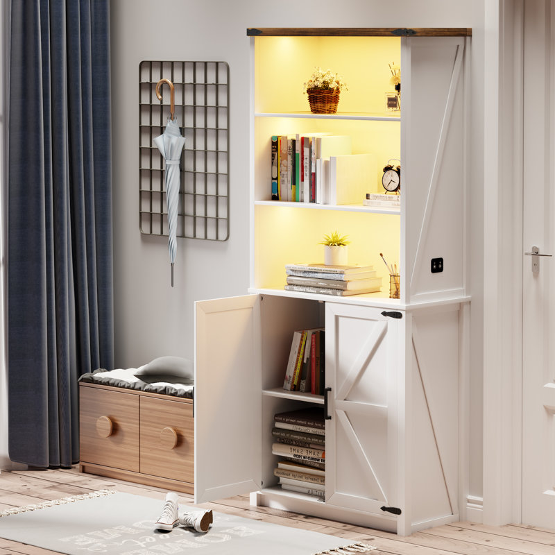68.9'' H x 29.5"W Wood Storage Bookcase whit Light, White
