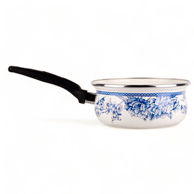 Blue Toile de Jouy Enamel Saucepan 1.45-qt with Liter Scale