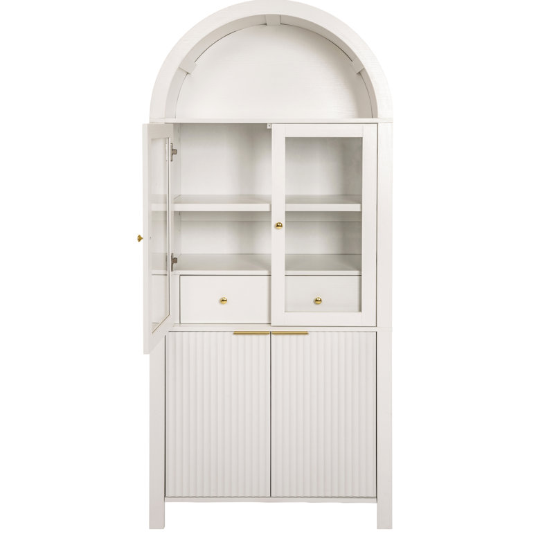 White 71" Fluted Tall Arched Pantry Cabinet With Adjustable Shelves, Ideal For Kitchen, Living Room, And Dining Glass Door, Door Rack, Smooth Drawer Slides Cabinet, White, Hidden Drawer, High -
