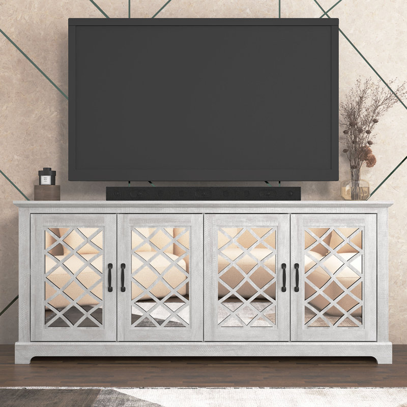 Ariba 4-Door Mirrored TV Stand, Dusty Gray Oak, Diamora, 29.3" H x 59.6" L x 15.7" W