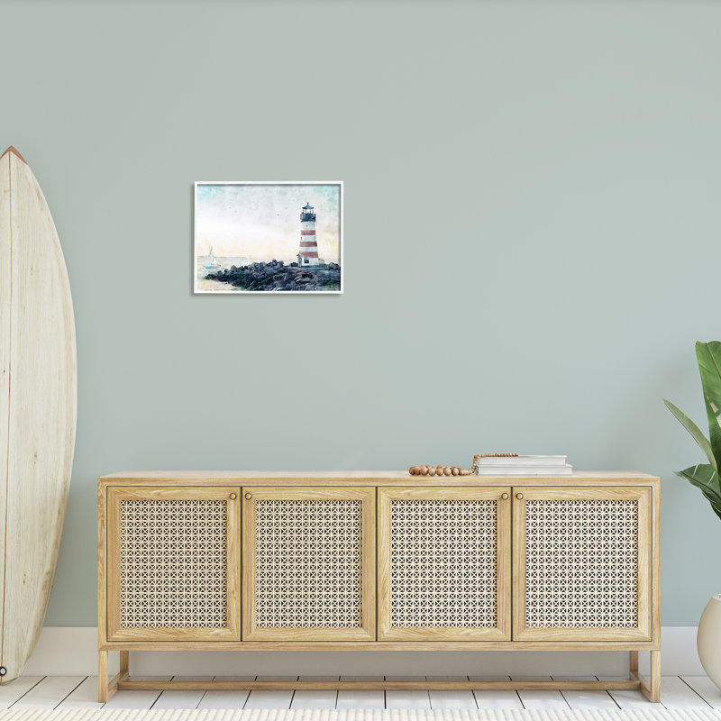 Phare à rayures rouges, plage rocheuse, Coa, par Ziwei Li, H 16 po x l 20 po x P 1,5 po, Giclée encadrée blanc bord de mer