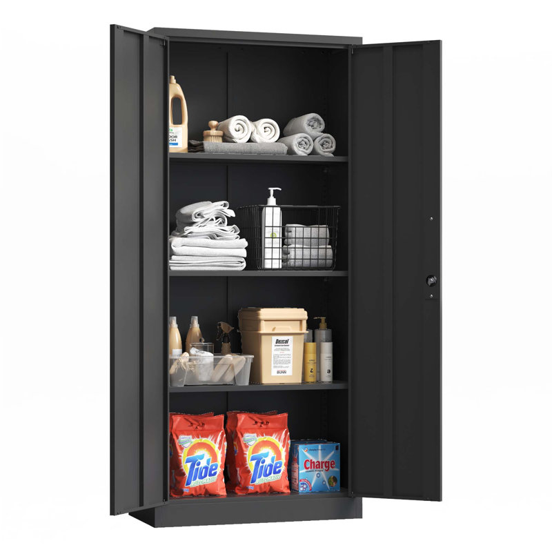 71"H Metal Garage Storage Cabinet, Tool Steel Locking Cabinet With Doors And 3 Adjustable Shelves, Black