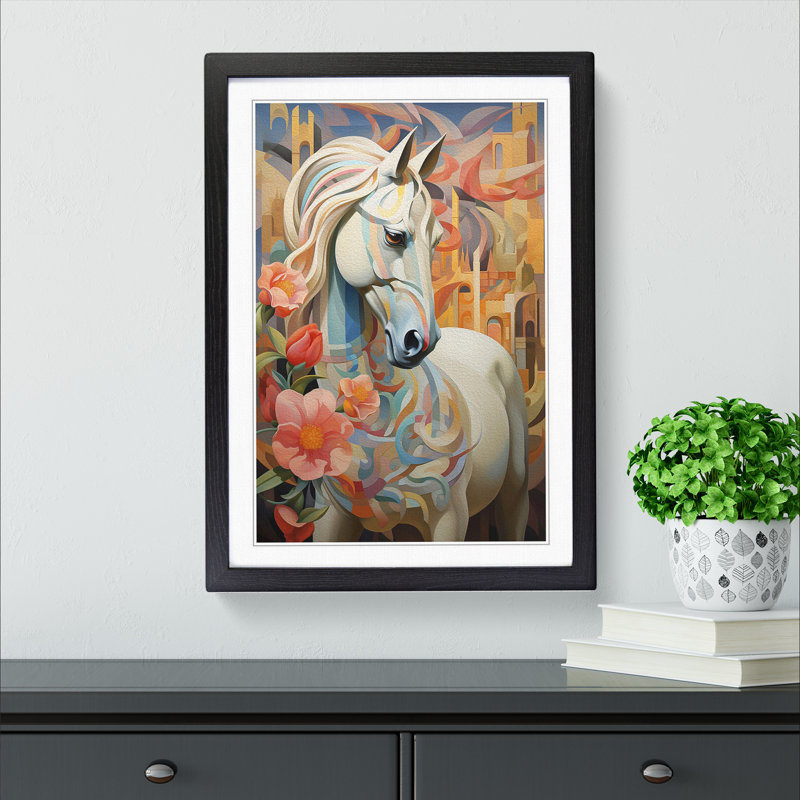 Pony Deco - Single Picture Frame Print on Wood, 64cm H x 46cm W x 2cm D, Black Framed