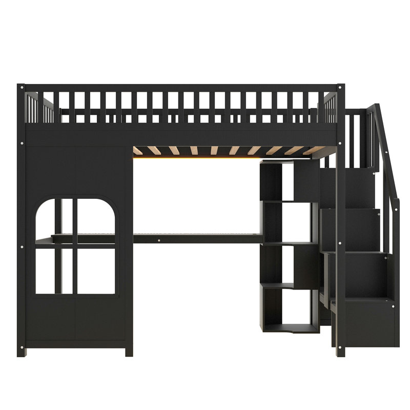 Lit mezzanine Nookloft pour enfants, robuste, avec escalier de rangement et étagères intégrées, Lit double, Noir