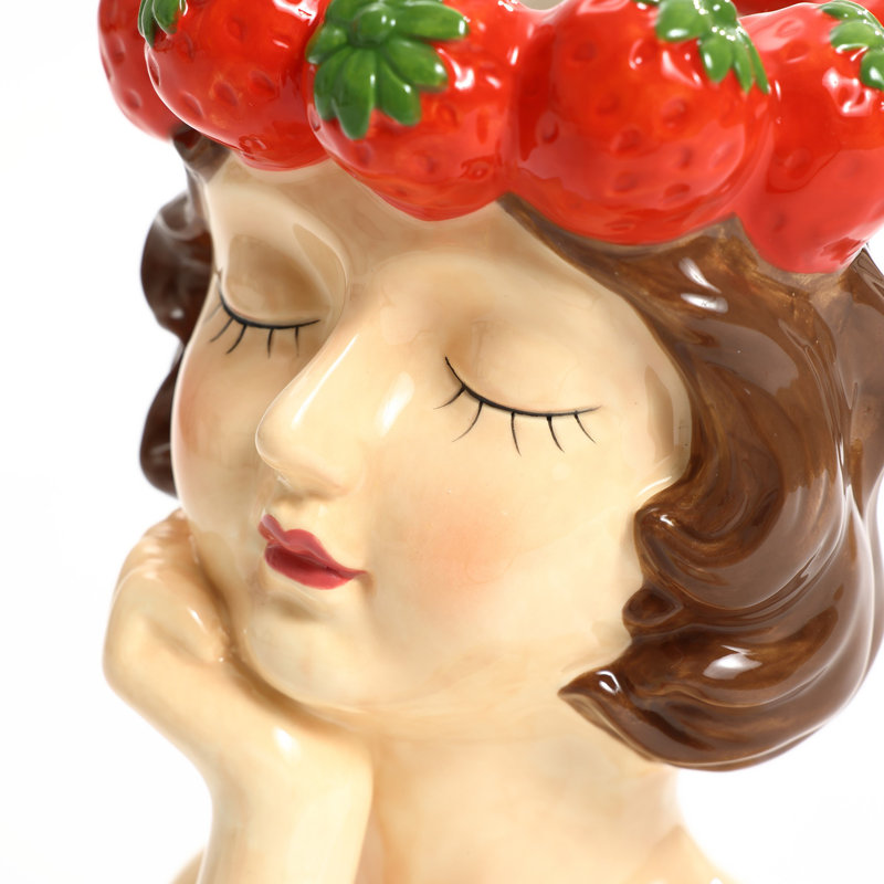 Lady Strawberries Ceramic 11.4-Inch Tall Sculpture Vase