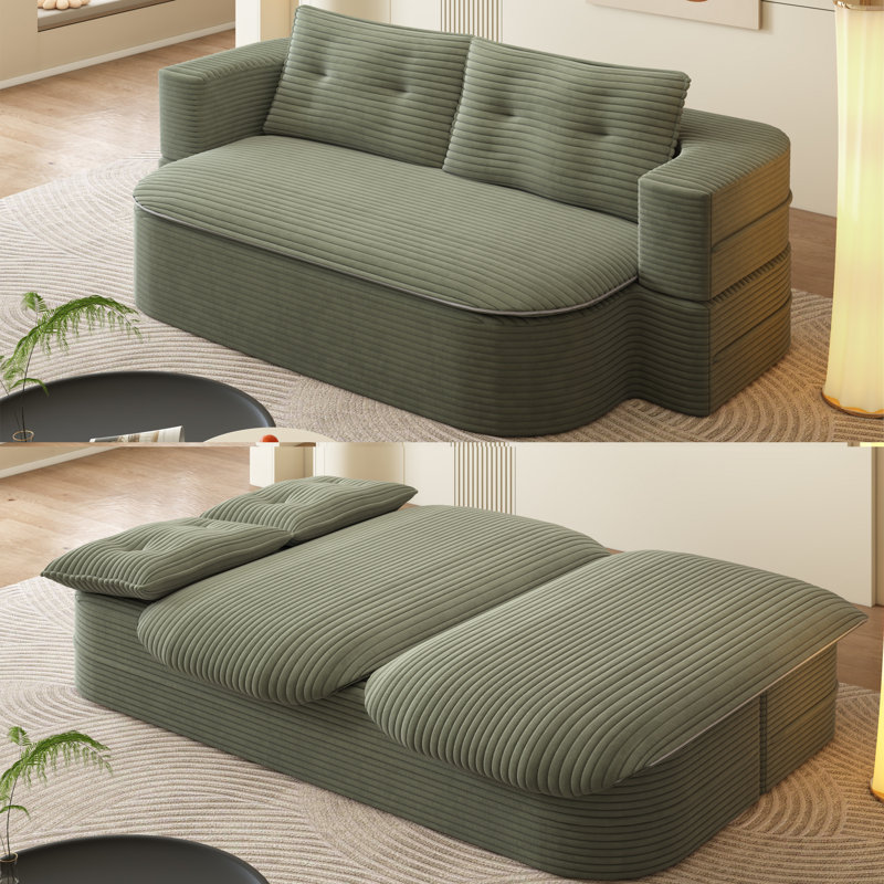 Boneless 78.7" Foldable Sleeper Sofa Bed Full-Size Corduroy Compression Couch Bed - No Assembly Required, Green