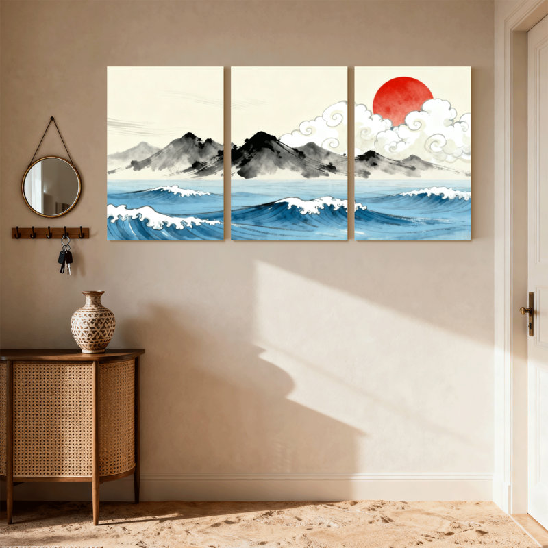 «Nautical & Beach Mountain Waves Clouds Sun Sky Water», ensemble de 3 impressions sur toile, H 18 po x l 36 po