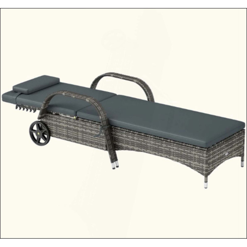 Chaise longue en rotin à dossier ajustable, chaise longue d'extérieur avec roulettes, coussin et appui-tête, Gris foncé
