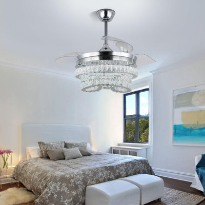 42" Smart Crystal Ceiling Fan With Dimmable LED Light & Remote Control - Retractable Blades, 6-Speed, 3 Light Modes, Modern Chandelier Design For Bedroom & Living Room