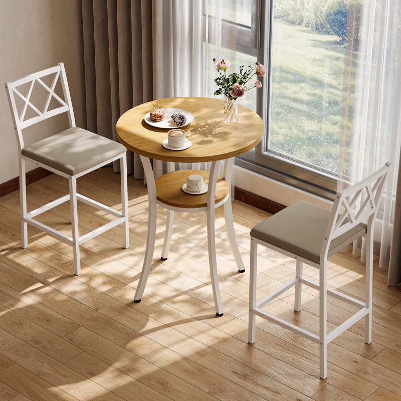 37.98" H  3-Piece Round Wooden Top Bistro Dining Set, Natural, Gray