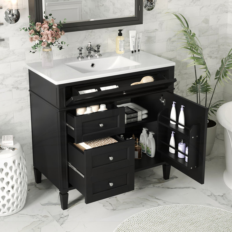 Meuble-lavabo 36 po avec lavabo supérieur, Noir, Argent argent