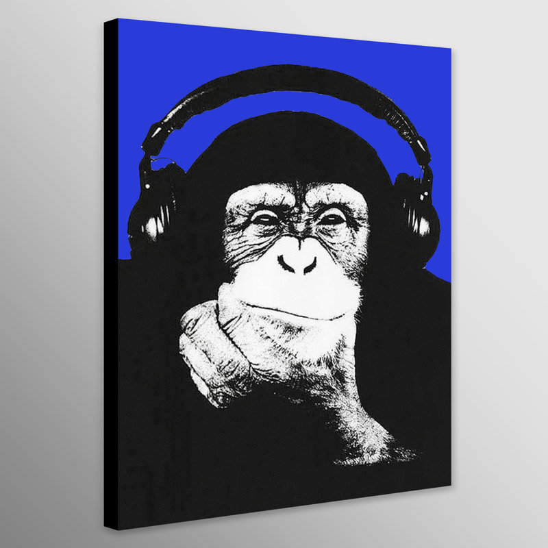 Monkey Headphones Thinking - Wrapped Canvas Print, 81cm H x 61cm W x 4cm D