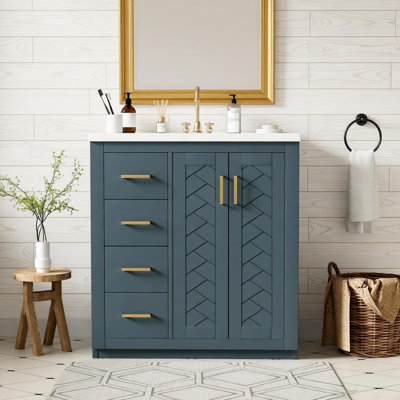 Ensemble de meuble-lavabo 30 po avec lavabo en céramique, armoire de rangement en bois massif, ensemble de meuble-lavabo autoportant avec 3 tiroirs et portes à fermeture douce