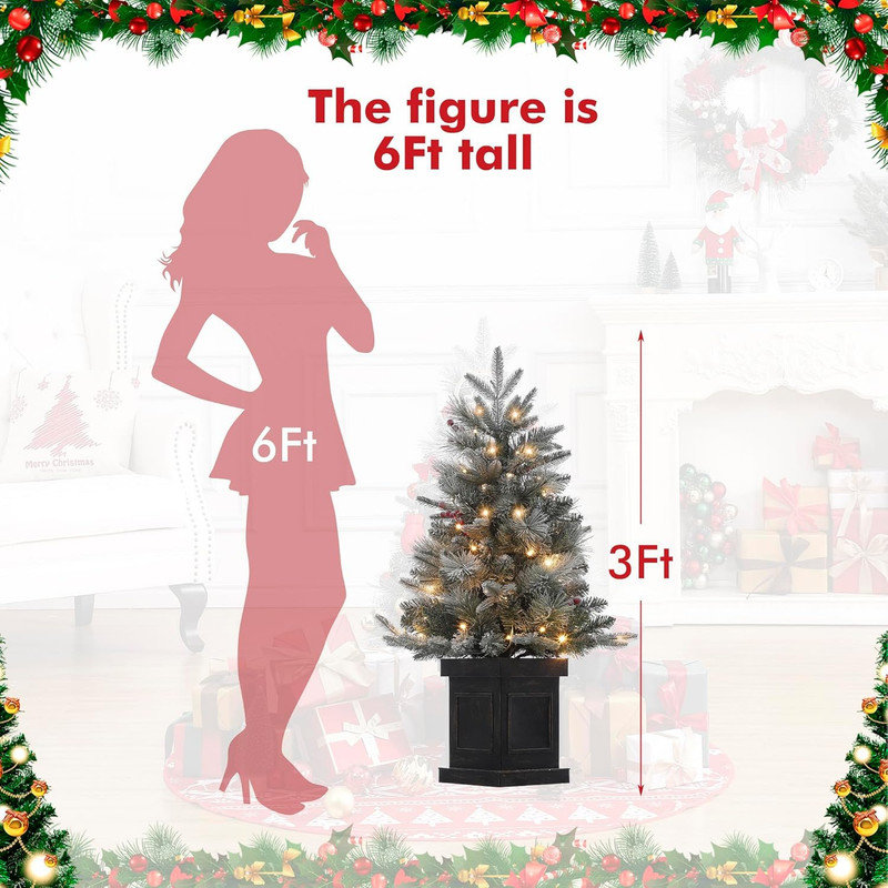 3 Ft Prelit Artificial Christmas Tress with 78 Warm White Lights, Brown Lamp Base, Snow Flocked Xmas Tree for Christmas, Bedroom, Window, Photography Decor