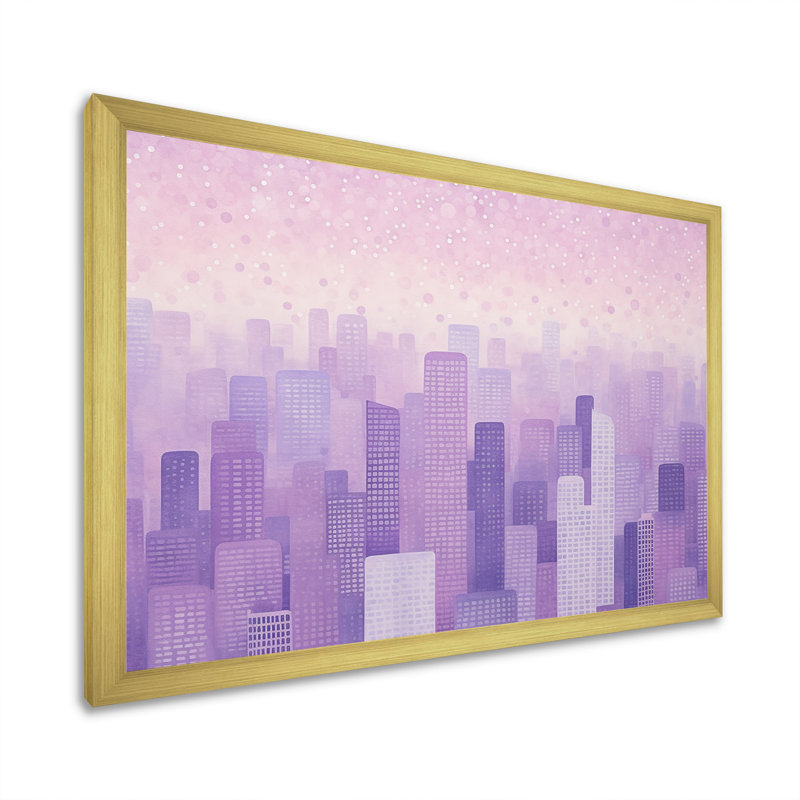 «Lilac Layers Skyscrapers», horizon urbain sur toile, Cadre doré simple, H 24 po x l 32 po x P 1 po
