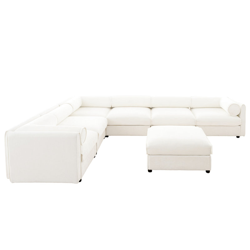 Ann modulaire de salon avec rangement - 6 sièges, chenille blanche, cylindrique et pour une grande, 6, Blanc