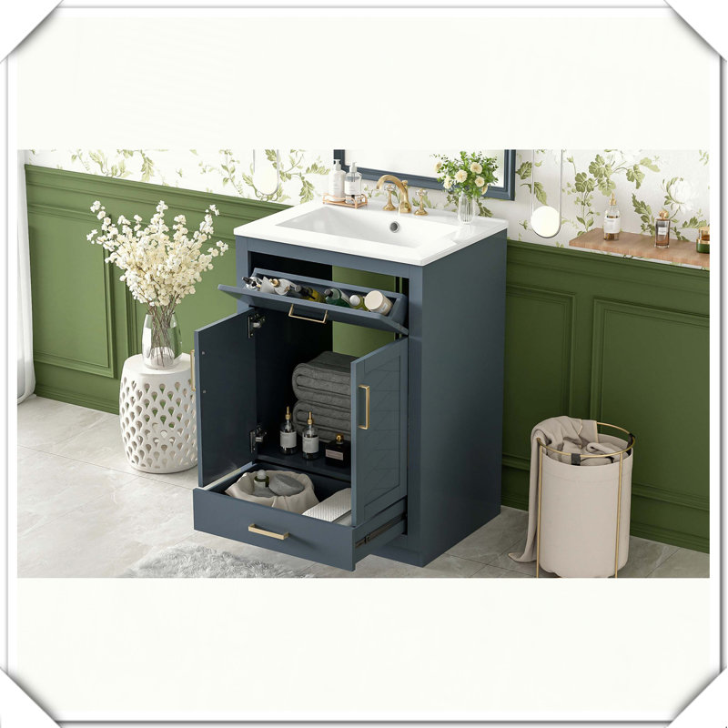 Meuble-lavabo simple avec tiroir intégré en céramique, Bleu