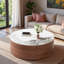 Table basse ronde moderne mobile 29,5 po avec roulettes, 2 tiroirs et plateau en marbre fritté