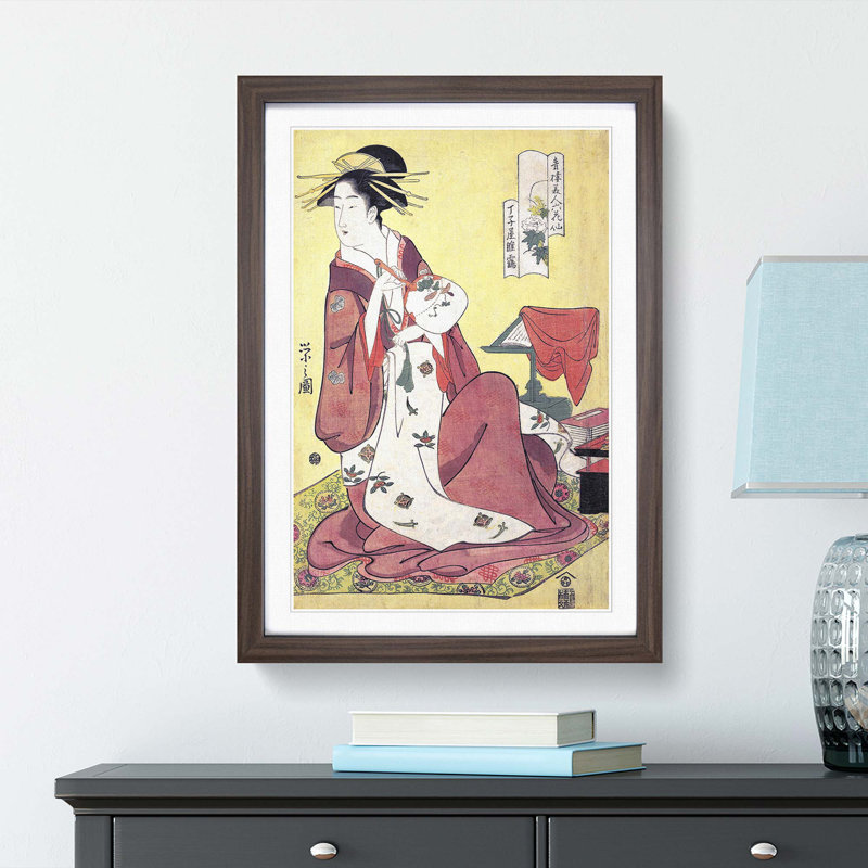 Lady with a Fan by Chobunsai Eishi - Picture Frame Painting Print, 65cm H x 48cm W x 2cm D, Walnut Framed