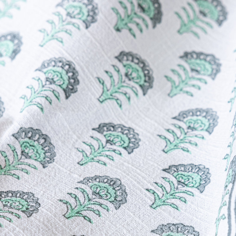 over&back Hand-Blocked Printed Cotton Table Runner, 18" W x 90" L, Green Flower