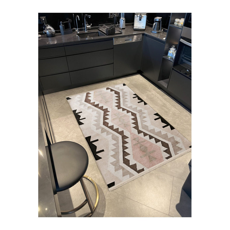 Tapis beige lavable à la machine à motif géométrique mixte, Tapis de couloir 2 pi 6 po x 6 pi 7 po
