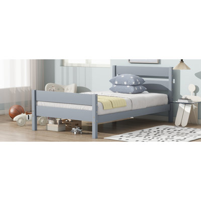Lit simple avec tête et pied de lit, lit en bois d'hévéa, gris