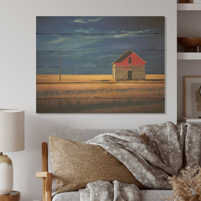 Minimalism Yellow And Blue Barn Country Side - Barn Wood Wall Art On Natural Pine Wood