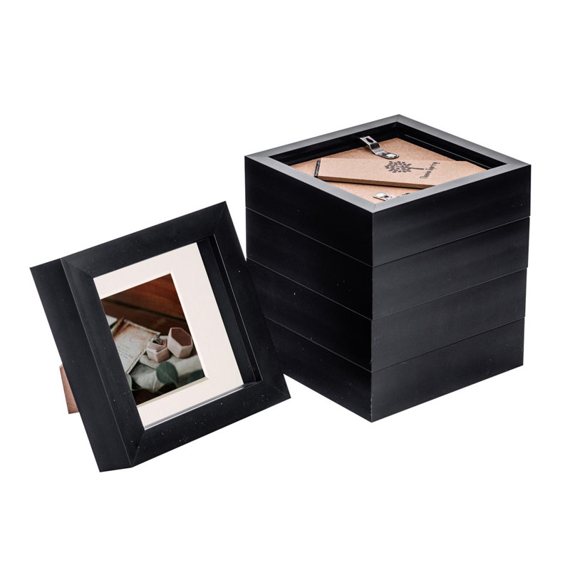 Bevelled Shadow Box Picture Frame with Mat, 12.5cm H x 12.5cm W x 3.5cm D, Black/Ivory