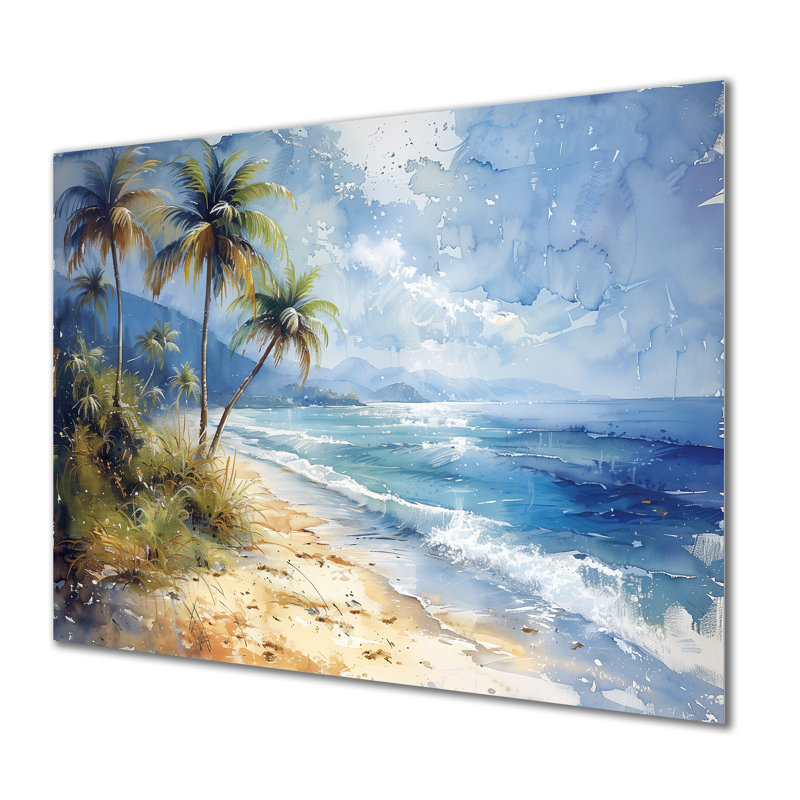 «Blue Green Palm Trees Coastal Breeze I» - art mural palmiers et palmiers, Sans cadre, métal, H 12 po x l 20 po