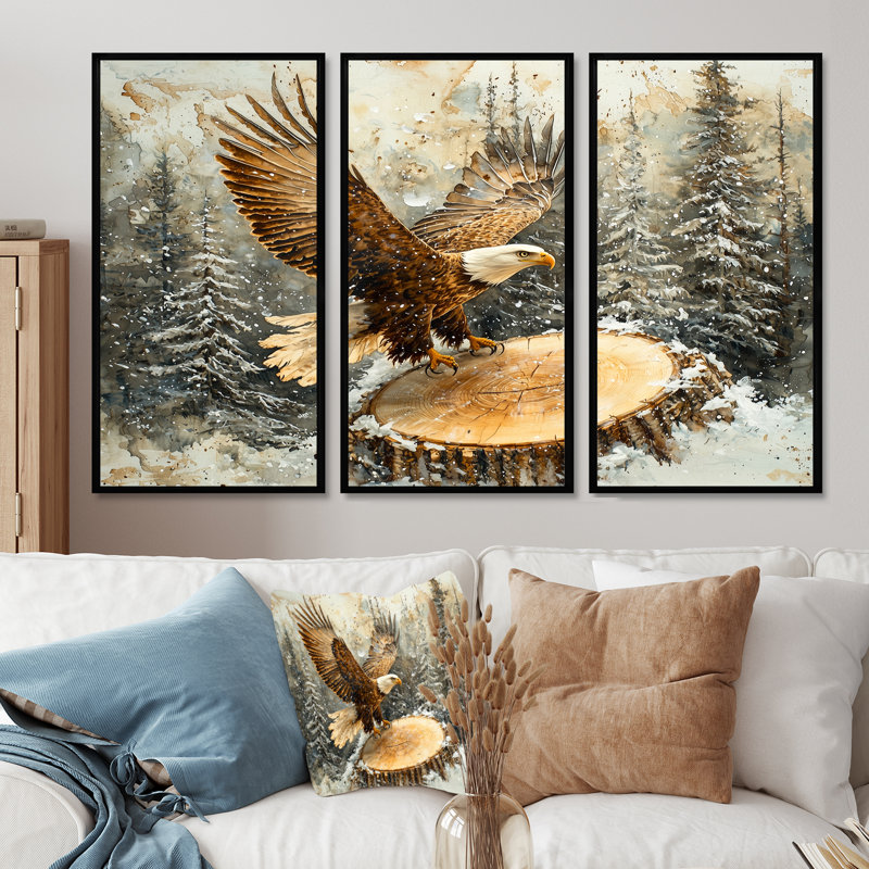 Aigle vol du chasseur en hiver II - Art mural aigle - ensemble de 3, H 28 po x l 36 po, Noir