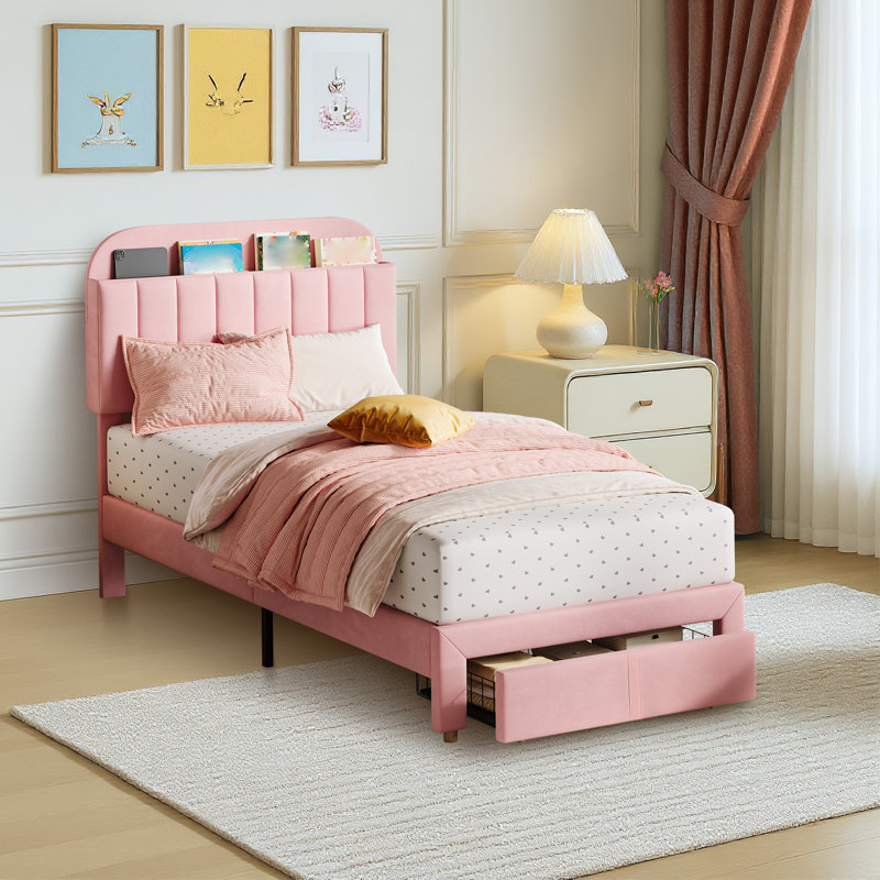 Cadre de lit simple pour enfants, lit plateforme tapissier avec grand tiroir de rangement et tête de lit bibliothèque, lit pour filles, silencieux, assemblage facile, aucun sommier tapissier requis, rose clair
