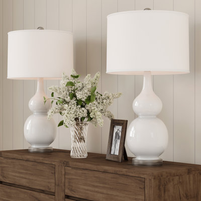 Andover Mills 14" Ceramic Bedside Table Lamps Set of 2 - Modern Ceramic Lamp with Double Gourd Vintage-Style Accent Lights for Bedroom, Living Room, or Office with LED Bulbs (White)