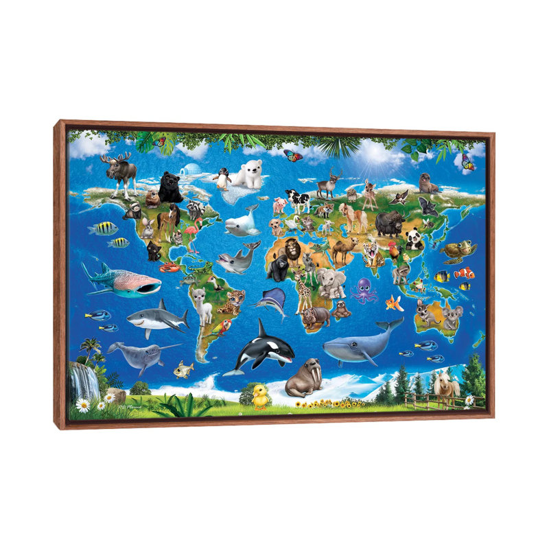 Animal Club World Map by P.D. Moreno - Print on Canvas, 66.04 cm H x 45.72 cm W, Classic Brown Wood Framed