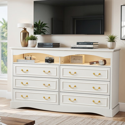 55.12"W Modern 6 Drawer Dresser Chest, Wide Double Dresser With Light, Vintage Farmhouse Wood Closet Dresser Storage Organizer, French Country Chest o