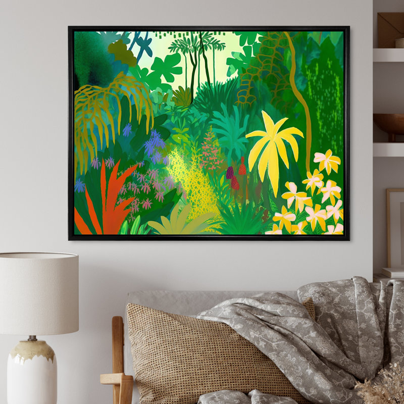 «Blossoming and Vibrant Jungle Flora VI», reproduction sur toile, H 12 po x l 20 po x P 1 po, Toile avec cadre flottant noir