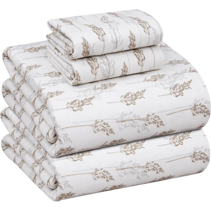 100% Cotton Flannel Sheet Set 4 Piece Warm Cozy Fall Sheets 16 inch Deep Pocket Bed Sheets, Dried Straw Floral