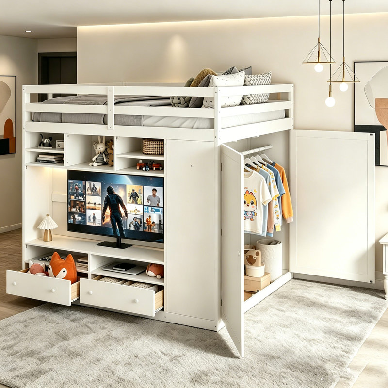 Lit mezzanine double avec centre de divertissement illuminé, armoire et tiroirs de rangement, tablettes, White