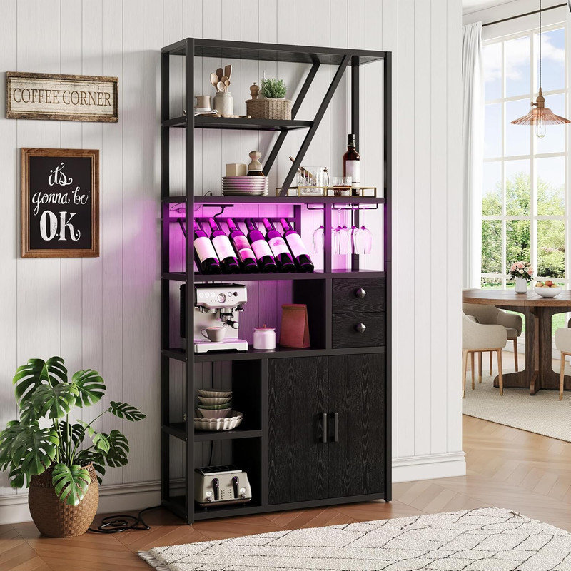 Wine Bar Cabinet with LED Lights & Power Outlets - Coffee Bar Station with Wine Rack for Kitchen Living Room, Black