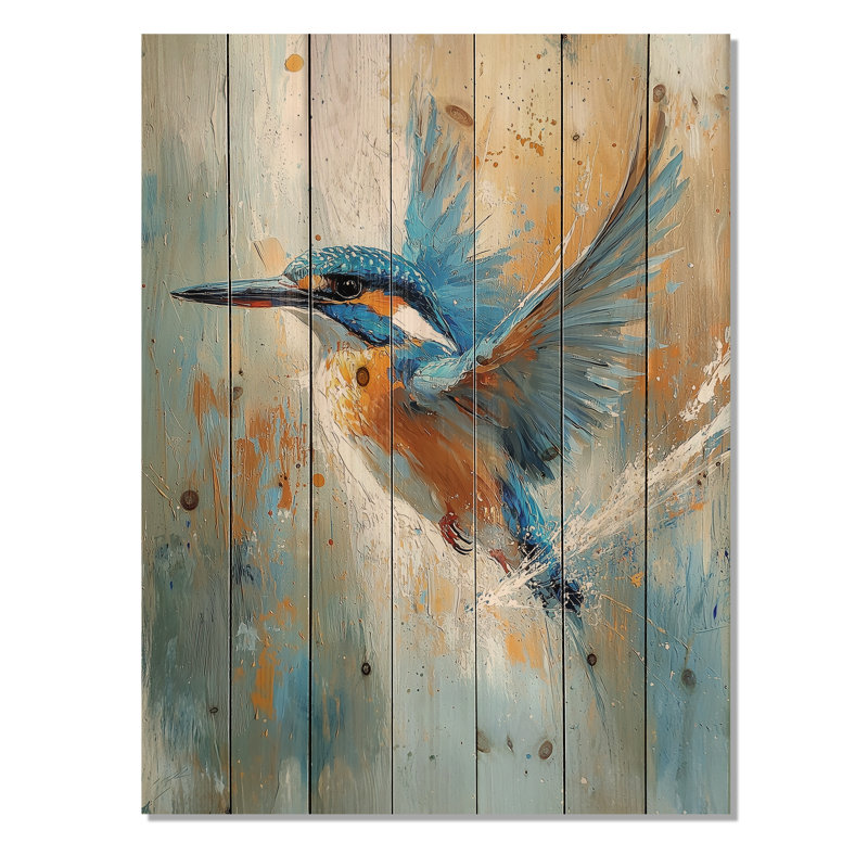 Martin-pêcheur bleu et orange près de la rivière - Décoration murale en bois d'oiseau - sur bois de pin naturel