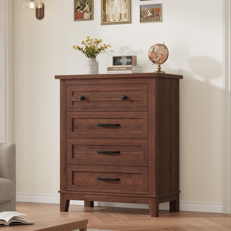 Commode 4 tiroirs pour la chambre à coucher, commode haute 34,8 po avec grand rangement, commode en bois pour le salon, Brun
